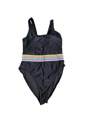 NWOT | Black One Piece Swimsuit Multicolor Rainbow Elastic Band Scoop Neck | Med
